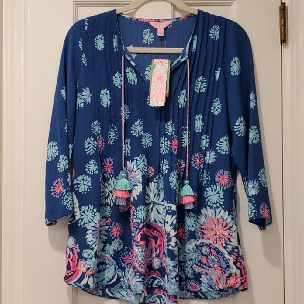 NWT LILLY PULITZER BLUE PINK INDIGO MARILINA GYPSEA GIRL TOP EXTRA SMALL XS